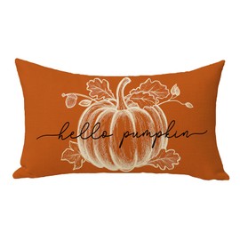 Fjfz Fall Hello Pumpkin Lumbar Decorative Throw Pillow Cover 12 x 20, Rectangular Orange Autumn Outdoor Home Decor, Thanksgiving Seasonal Couch Cushion Case
