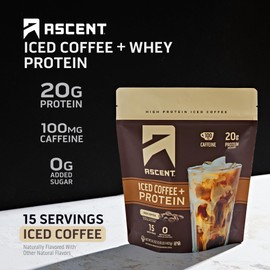Ascent Iced Coffee Protein Powder - High Protein Coffee Powder, 20 g Protein & 100 mg Caffeine from Premium Colombian Coffee, Zero Artificial Flavors & Sweeteners - 15 Servings