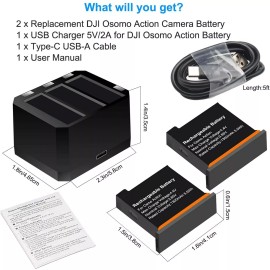 Unbranded 3-Port USB Charger Hub for Osmo Action & 2 Pcs 1300mAh Battery for Osmo Action 1