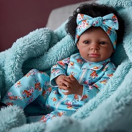 Pinky Reborn African American Reborn Doll 20 Inch 50 cm Black Baby Dolls Newborn Baby, Lighter Brown Skin Silicone Reborn Toddler Dolls with Curly Hair Gift for Age3+