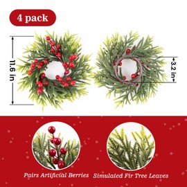 MINDELF 4 Pack Christmas Candle Rings Wreath, Artificial Evergreen Pine Spruce with Red Berries for Christmas Decor Holiday Centerpieces for Table, Classic Candle Rings for Pillar Winter Home Wedding