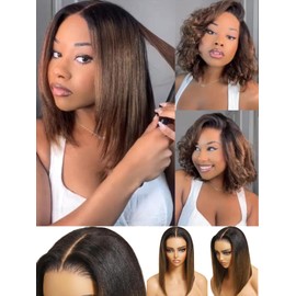 UNICE Bye Bye Knots 7x5 HD Pre Cut Lace Yaki Straight Bob Wig Chestnut Brown Ombre Human Hair Glueless Wig Pre Plucked Bleached Invisible Knots Natural Hairline 150% Density for Women 14 Inch