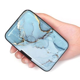 Credit Card Holder, Small RFID Metal Credit Cards Wallet Cute Business Card Holder Pocket ID Case for Women Men, Blue Marble