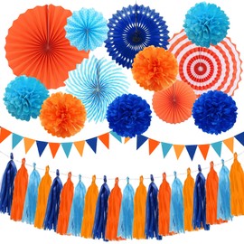 Blue and Orange Party Decorations Set Kids Birthday Paper Fan Tissue Pom Poms Streamers Theme Party Supplies Tassel Garland Banner Blue Orange Party Supplies
