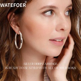 WATEFOER 5 mm Wide Hoop Earrings Gold for Women S925 Silver Hoop Earrings Large Silver Earrings Hypoallergenic Lightweight Large Hoop Earrings for Women Girls 40/50/60/70 mm, Copper, No Gemstone