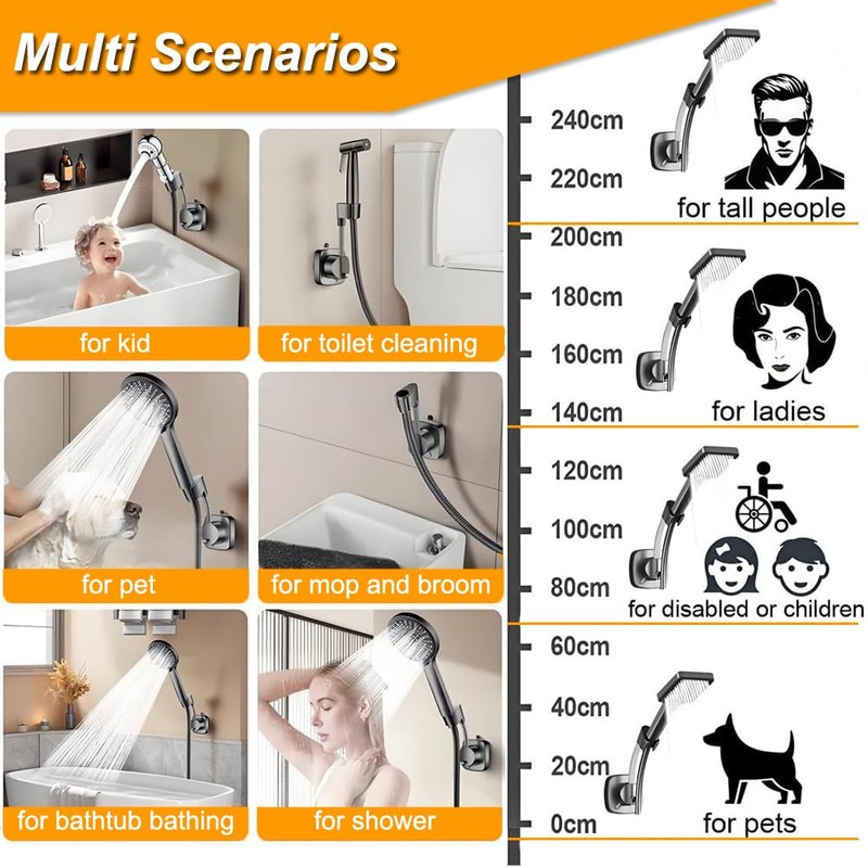 Shower Head Holder Wall Mounted, 360° Adjustable Handheld Shower Head