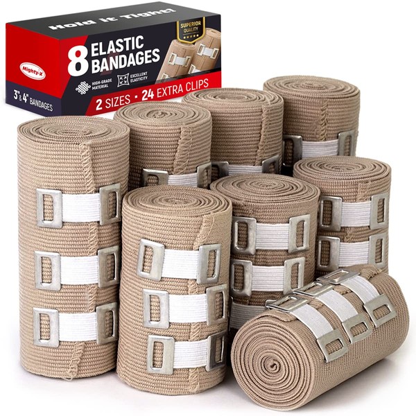 Premium Elastic Bandage Wrap – 8pk (4x3”, 4x4”) + 24 Extra Clips – Strong Compression Bandage Wrap - Wrist, Ankle, Foot, Knee Wrap