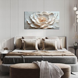 Flower Art Wall Decor for Living Room - White Canvas Wall Art for Office - Modern Wall Decor for Bedroom Women Size 20" x 40"