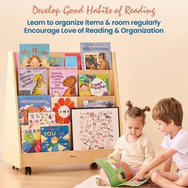 Bateso Kids Bookshelf for Toddlers and Babies, Double-Sided Wooden Montessori Bookshelf for Kids Room, Baby Book Shelf with Storage for Nursery, Classroom, Playroom