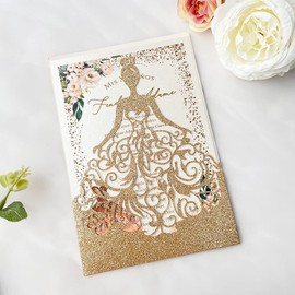 KUCHYNEE 5.12 x7.28 inch 50PCS Gold Glitter Quinceanera Invitations Kit Laser Cut Hollow Girl Princess Pocket with Envelopes Quinceanera Invitations for Quinceanera Bridal Shower Invite