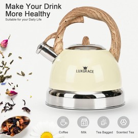 Creative Home 3.0 Qt. Stainless Steel Whistling Tea Kettle Teapot with Ergonomic Wood Rubber Touching Handle for Fast Boiling Heat Water, for Induction Stove Top, Creamy White