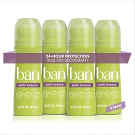 Ban Invisible Roll-on Antiperspirant Deodorant for Women and Men, 24-hour Underarm Odor & Sweat Protection, Satin Breeze, 3.5 Oz, Pack of 4