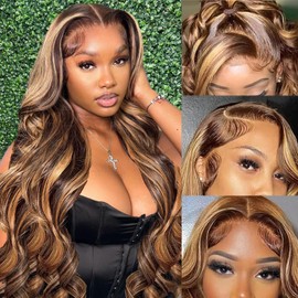 BYWEEW Honey Blonde Ombre Lace Front Wig Human Hair Highlight Body Wave 13X6 Lace Front Wigs Human Hair Pre Plucked HD Frontal 180 Density Glueless 4/27 Highlighted Human Hair Wig 26 Inch