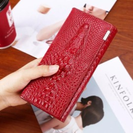 Men Women Embossed Crocodile Pattern Clutch Wallet Long Card Holder Purse(Red)