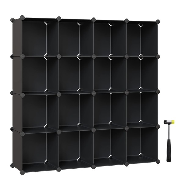 SONGMICS Cube Storage Organizer, Set of 16 Plastic Cubes, Book Shelf, Closet Organizers and Storage, Room Organization for Bedroom Living Room, 12.2 x 48.4 x 48.4 Inches, Black ULPC44BK