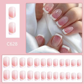 French Tip Press on Nails Short Square Fake Nails White French Tip False Nails Press ons with Gold Glitter Designs Acrylic Nails Glossy Full Cover Glue on Nails Stick on Nails for Women Manicure 24Pcs