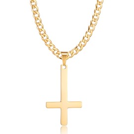 HSWYFCJY Cross Necklace for Men Men's Cuban Necklace with Gold Inverted Cross Pendant 5mm Stainless Steel Link Chain Necklaces 20 Inches Jewelry Gifts for Boys Girls