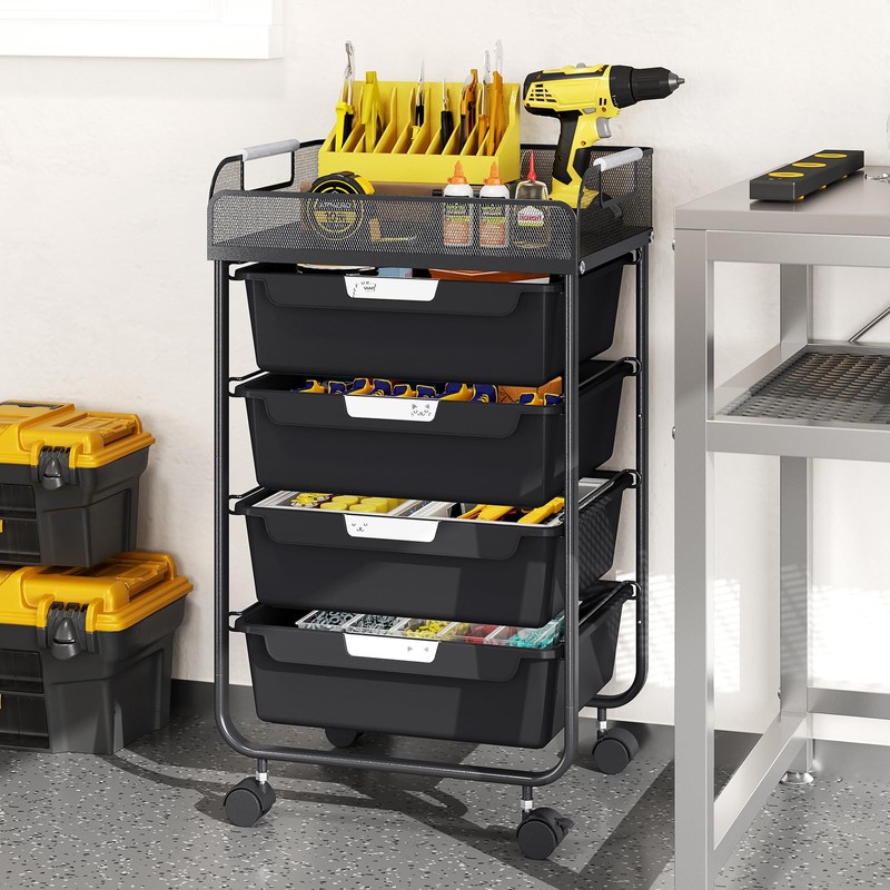 SYKIARIOL 4-Drawer Rolling Storage Cart with Mesh Top,Black