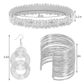 HOVEOX 6 Pieces Disco Costume Accessory Set 70s Costume Disco Accessories Includes Disco Earrings Bracelets Necklace Headband (Silver)
