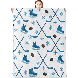 jwyta Hockey Flannel Blanket,Blue Sport Throw with Skate,Puck,Stick and Snowflake,Lightweight Fleece Blankets for Athletic Lover,Couch,Cabin,Bed,Camping Winter Ice Rink Decor Gifts,60x50in