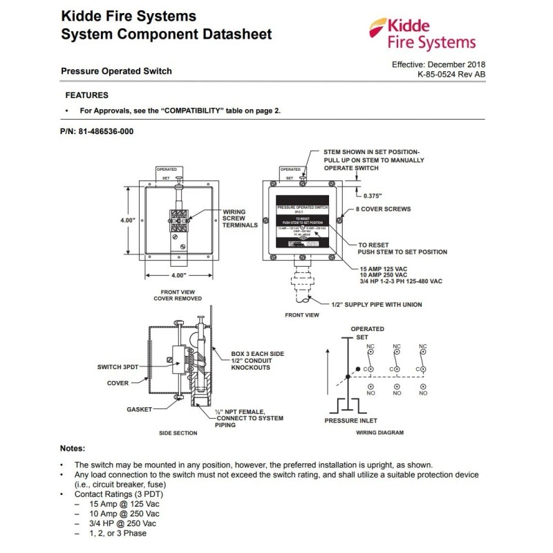 Kidde REPAIR KITS Fire Control Pressure Switch, KIDDE FENWALL 81-486536-000
