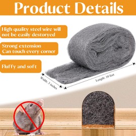 Steel Wool for Mice Control - 2 Pack of 3 in ×10Ft Steel Wool, Gap Filter for House & Garage - Keep Mice Away from Holes，Siding，Pipeline，Vents in Garden, House, 5.27oz