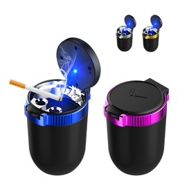 Suvnie 2PCS Car Ashtray with Lid, Detachable Stainless Steel Smokeless Auto Ashtray with Blue LED Light, Mini Vehicle Trash Can for Cup Holder Home Office, Interior Car Accessories (Blue+Purple)