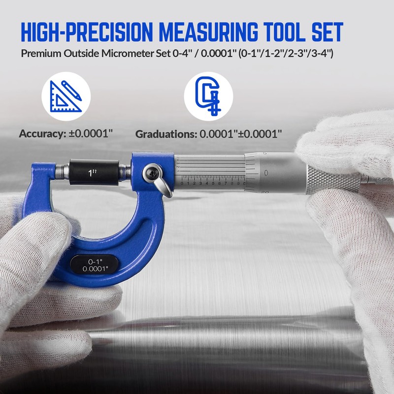 Premium Outside Micrometer Set 0-4" / 0.0001" (0-1"/1-2"/2-3"/3-4") Precision Machinist