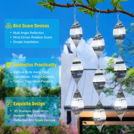 3x3 Stainless Steel Bird Scare Discs Set,3D Reflective Helix Wind Spinners with Rotating Hooks, Sparkly Metal Decor & Gentle Light Deterrent for Yards/Farms/Orchards