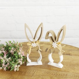 Macosa HN68059_x2 Decorative Rabbits Set of 2 Wooden Brown White 22 cm Modern Easter Bunny Straw Flowers Easter Decoration Wooden Rabbit Easter Decoration Table Decoration Rabbit Couple Decorative