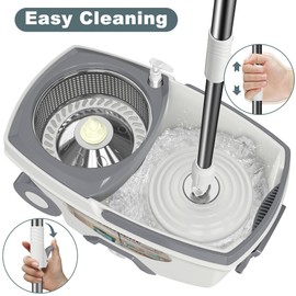 Mop and Bucket with Wringer Set,Spin Mop and Bucket System, Mops for Floor Cleaning,Household Supplies Tools with 6 Replacement Refills,61" Extended Handle for Household Hardwood Floor - White