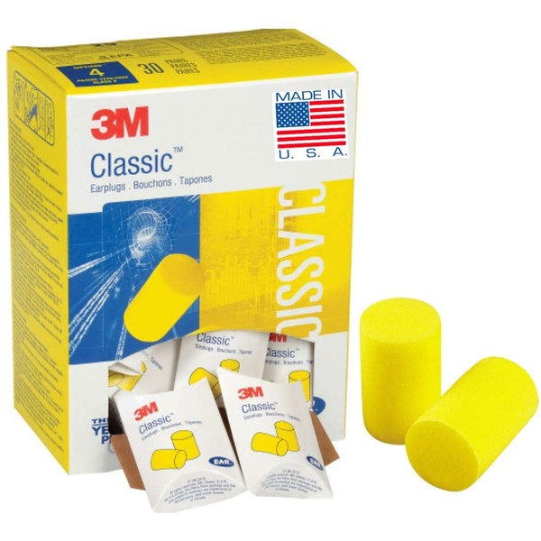 3M Classic Earplugs, Disposable, Pillow Pack, Ear Plugs for Sleeping, Snoring, Drilling, Grinding, Machining, Sawing, Sanding, Welding, 1 Pair/Pillow Pack, 30 Pair/Box