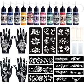 Kit de Tatuajes Temporales con 12 Frascos, 11 Colores de Tinta para Tatuajes Temporales Y 18 Plantillas para Tatuajes para Adultos Y Niños. Tatuajes Falsos Seguros Y Fáciles de Usar(2 Negros,