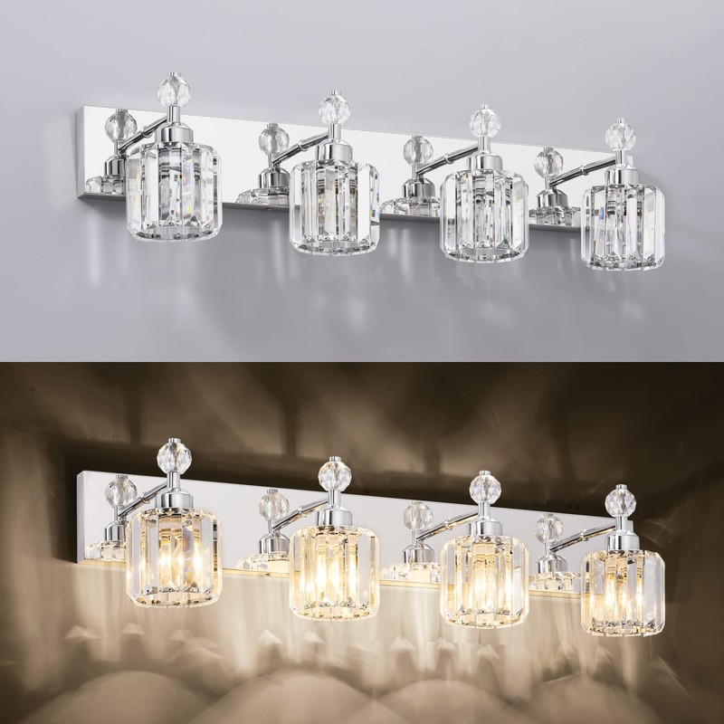 PRESDE 4-Light Crystal Bathroom Lights Fixtures Chrom Modern Wall Lighting