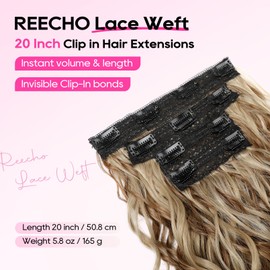 REECHO Curly Hair Extensions, 4PCS 20 inch Clip in Hair Extensions Lace Weft Short Curly Extensions Clip Ins Invisible Natural Hairpieces for Women, Light Brown with Blonde Highlights