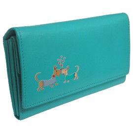 Klassek Dogs in Love Womans Turquoise Purse Brand Image on Real Animal Leather Dog Lovers Accessory Gift