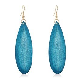 KVANU Bohemian Retro Black Brown Natural Wooden African Teardrop Dangle Drop Earrings Lightweight Handmade Long Big Vintage Wood Geometric Earrings for Women (Blue)