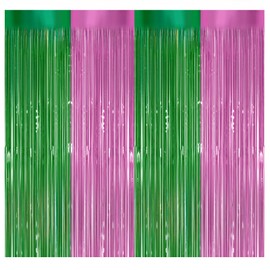 2pcs Foil Fringe Curtains Pink and Green, 3.3x6.6ft Tinsel Streamer Backdrops Foil Fringe Curtains for Birthday, Wedding Party (Pink and Green)
