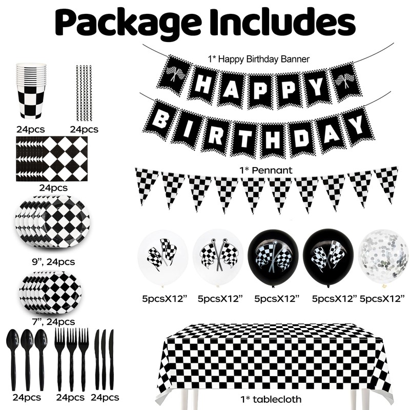 196Pcs Black White Checkered Race Car Party Supplies for 24