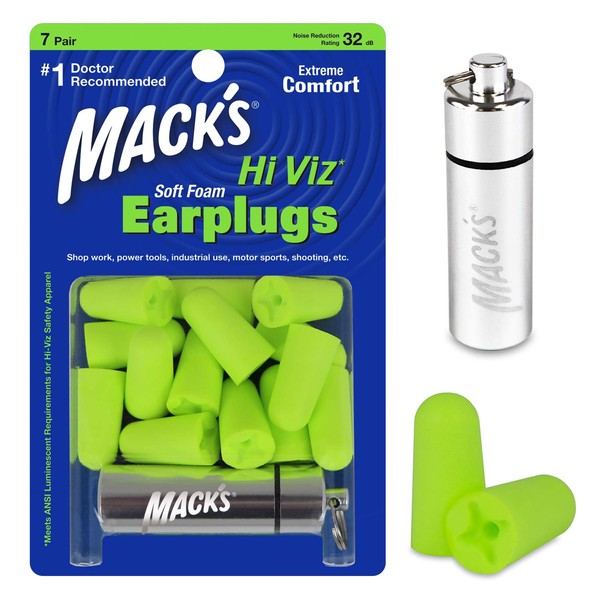 Mack's Hi Viz Soft Foam Earplugs, 7 Pair with Travel Case - Most Visible Color, Easy Compliance Checks, 32dB High NRR - Comfortable, Safe Ear Plugs for Shop Work, Industrial Use and Motor Sports