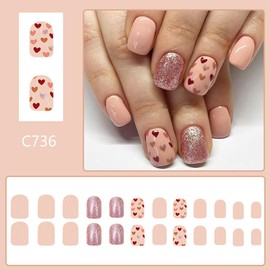 Valentines Nails Press on Nails Short Square Heart Fake Nails 24Pcs Glitter Design Valentines Nails with Glue Valentines Naked Skin Color Full Cover False Nails for Women and Girls DIY Manicure