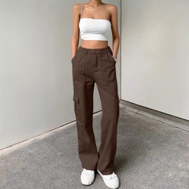 Lepunuo Cargo Pants Women High Waisted Travel Y2K Streetwear Casual Pants Work Pants Dark Brown