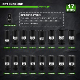 TecoTek 3/4" Drive Deep 6-Point Impact Socket Set, 17-Piece Jumbo Assortment, Cr-Mo, SAE (1-Inch to 1-1/2-Inch) and Metric (26mm to 38mm), 1/2" F to 3/4" M Impact Socket Adapter