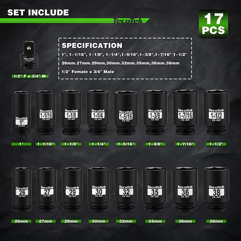 TecoTek 3/4" Drive Deep 6-Point Impact Socket Set, 17-Piece Jumbo