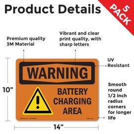 Battery Charging Area OSHA WARNING Vinyl Decal Label 14 Inch x 10 Inch - 5 Pack