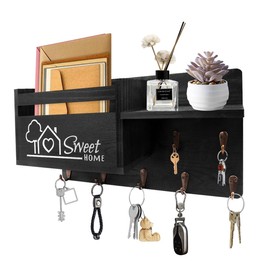Gocokia Key Hanger Organizer, Mail and Key Holder for Wall Decoration, Wall Shelf with 7 Key Hooks, Wall Mounted, Key Hanger with Mailbox, Home Decoration (Black)
