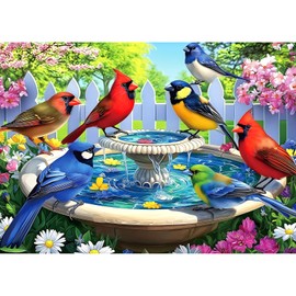 Birds at Birdbath 1000 Piece Jigsaw Puzzle for Adults Birds Bath Fountain Garden Scene Challenging Family Puzzle Perfect for Game Nights (27.5"X19.6")