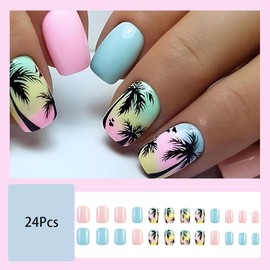 24Pcs Press on Nails Short Square Fake Nails Summer Palm Tree Acrylic Nails Press on Glossy Blue Pink Glue on Nails with Twilight Beach Designs Summer Artificial Nails for Women Girls