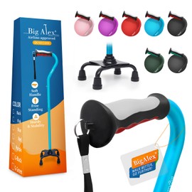 BigAlex Quad Cane, Foldable Adjustable Walking Cane for Men & Women with Stable 4-Pronged Base for Extra Stability & Balance, Heavy Duty, Lightweight, Soft Offset Handle Stick for Seniors & Elderly