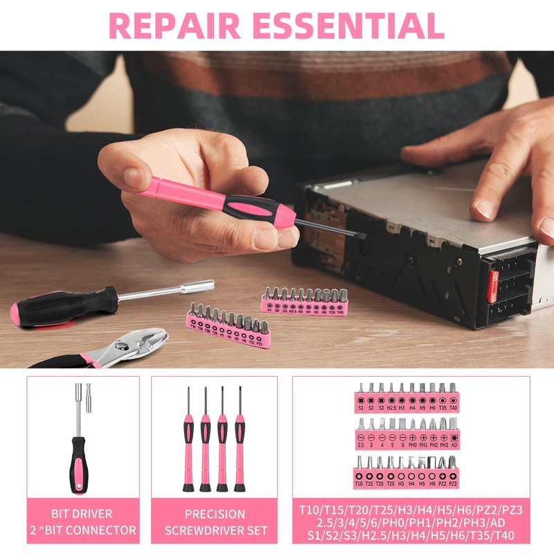 144-Piece Pink Tool Kit Basic Home Repair Tool Set General